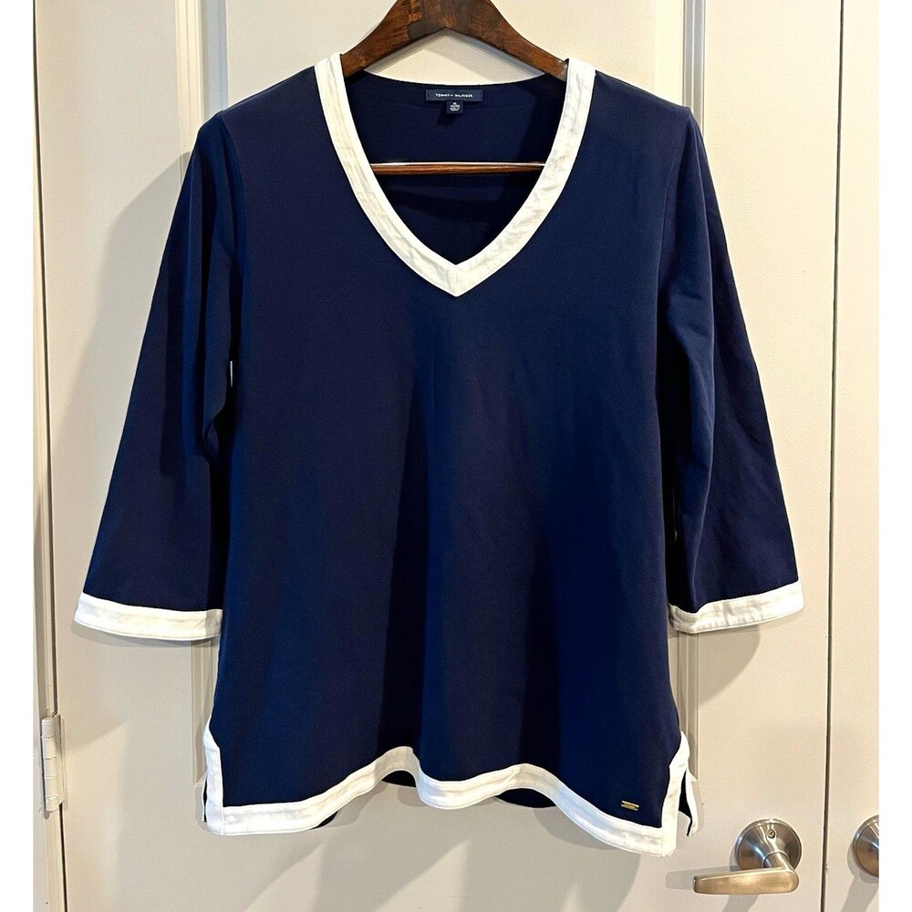 Tommy Hilfiger Navy Contrast Trim V-Neck 3/4 Sleeve Cotton T-Shirt XL 0100